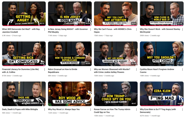 screen shot of HasanMinhaj videos with Rahm with half as many views.