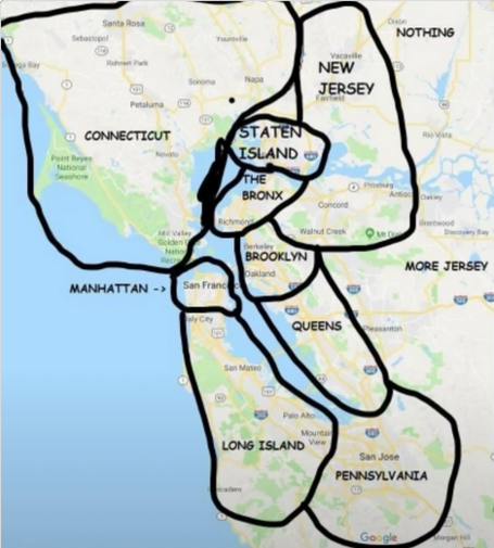 A Map of san fran with east coast locations labeled to their west coast counter parts.