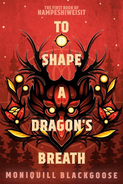 the cover of To Shape a Dragon's Breath. a red cover with a red dragon head kind of covered in feathers.