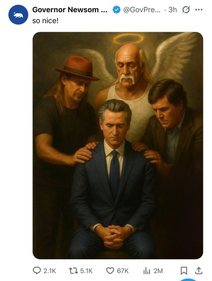 Ai image of Gavin newsom with a bunk of right wing cooks laying hands in him in a prayer like the bullshit trump posts
