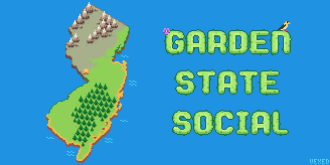 A pixel art illustration of NJ that is green with pixel mountains in the north west and forest in the south and sandy shores. To the right of the state the words "garden state social" looking a bit like plants or an overview how of a hedge maze. All of a blue sea of water.
