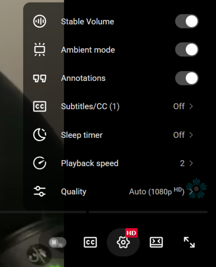 youtube config and options menu
