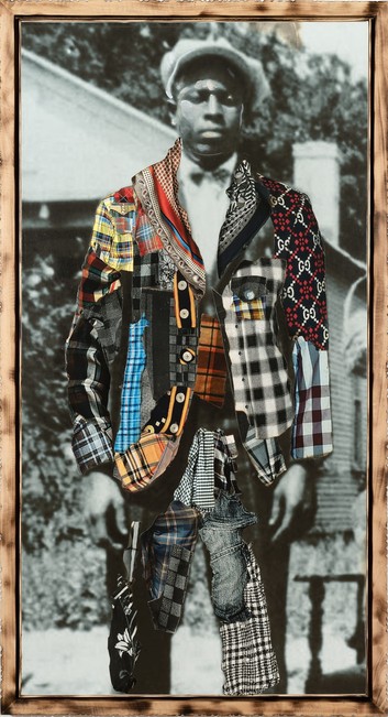 “Uncle O,” cut photograph collage mounted on canvas, oil, and glitter in hand-carved shou sugi ban frame, 62.5 x 32.5 inches