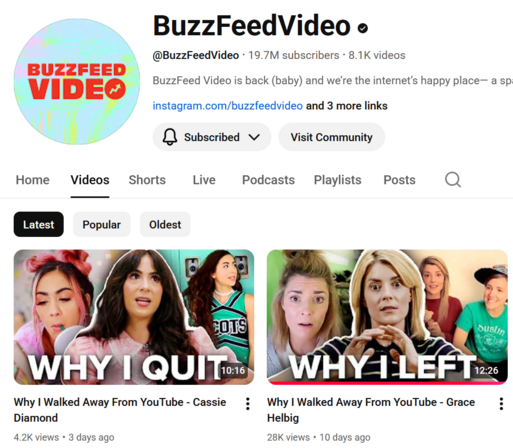 buzzFeed video channel with 2 video about why others quit youtube.