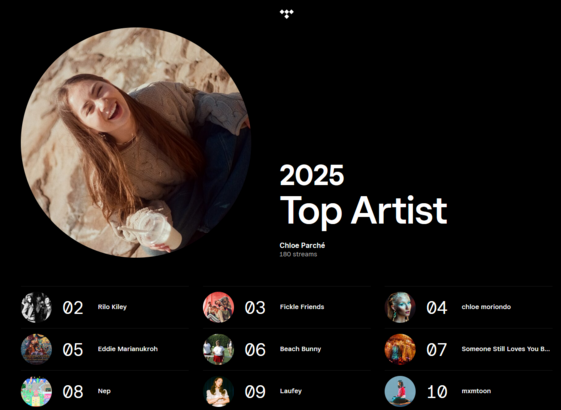 
2025
Top Artist
Chloe Parché
180 streams
Rilo Kiley
02
Rilo Kiley
Fickle Friends
03
Fickle Friends
chloe moriondo
04
chloe moriondo
Eddie Marianukroh
05
Eddie Marianukroh
Beach Bunny
06
Beach Bunny
Someone Still Loves You Boris Yeltsin
07
Someone Still Loves You Boris Yeltsin
Nep
08
Nep
Laufey
09
Laufey
mxmtoon
10
mxmtoon