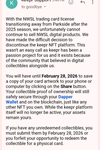 With the NWSL trading card license transitioning away from Parkside after the 2025 season, we unfortunately cannot continue to sell NWSL digital products. We have made the difficult decision to discontinue the keepr NFT platform. This wasn't an easy call as keepr has been a passion project for us and it exists because of the community that believed in digital collectibles alongside us.

You will have until February 28, 2026 to save a copy of your card artwork to your phone or computer by clicki…