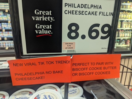 No bake cheese cake. Viral tiktok trend sign at grocery store.