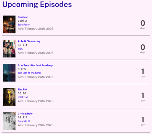 list of upcoming episodes
