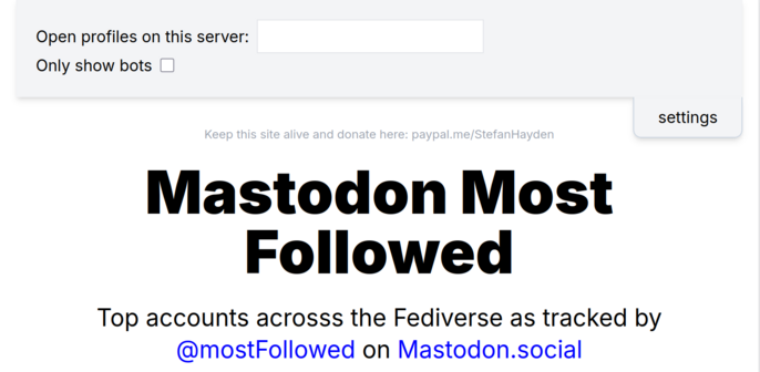 new setting panel at top of page to set server to open profiles on and to only show bots