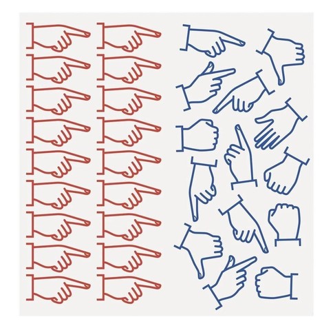 Red hands all pointing at the blue hands and blue hands all pointing at the other blue hands.