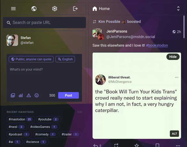 Mastodon with moving colored shapes in the background and emoji explosions when posts appear.