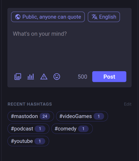 screenshot of advanced most post interface with new UI below it: a list of hashtags with number of times each was used next to each. Clicking one will add it to your post interface.