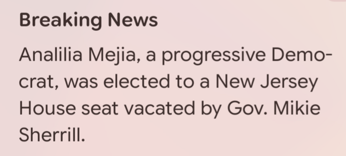Breaking News

Analilia Mejia, a progressive Demo-
crat, was elected to a New Jersey
House seat vacated by Gov. Mikie
Sherrill.
